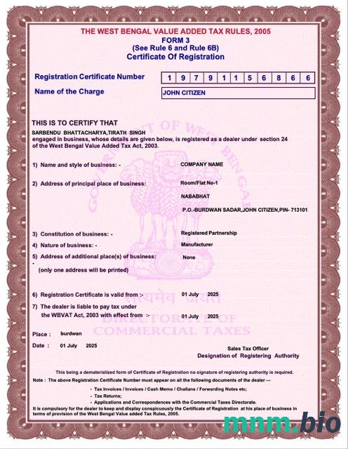 India West Bengal vcertyfikat of registration Word i szablon PDF